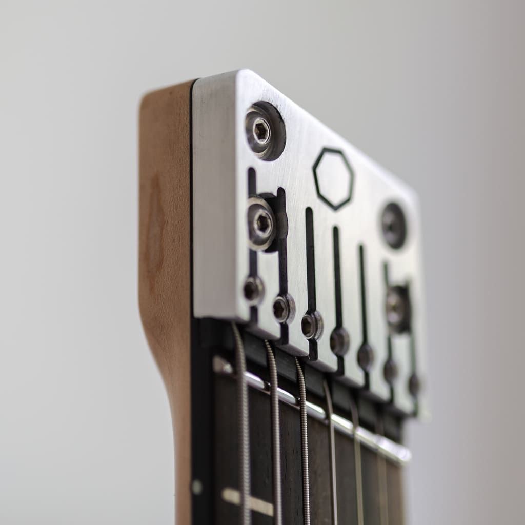 Constance 7 string guitar headpiece close up
